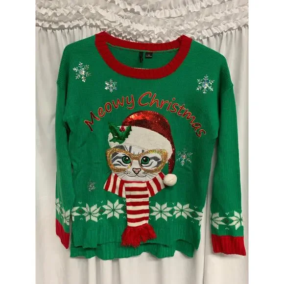 New Directions Petite “Meowy Christmas” Cat Ugly Christmas Sweater – Size PS - Picture 2 of 5